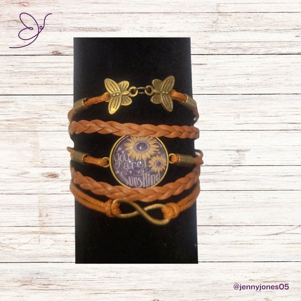 Brown Faux Leather Layered You Are My Sunshine Butterfly Bracelet GIft NWOT